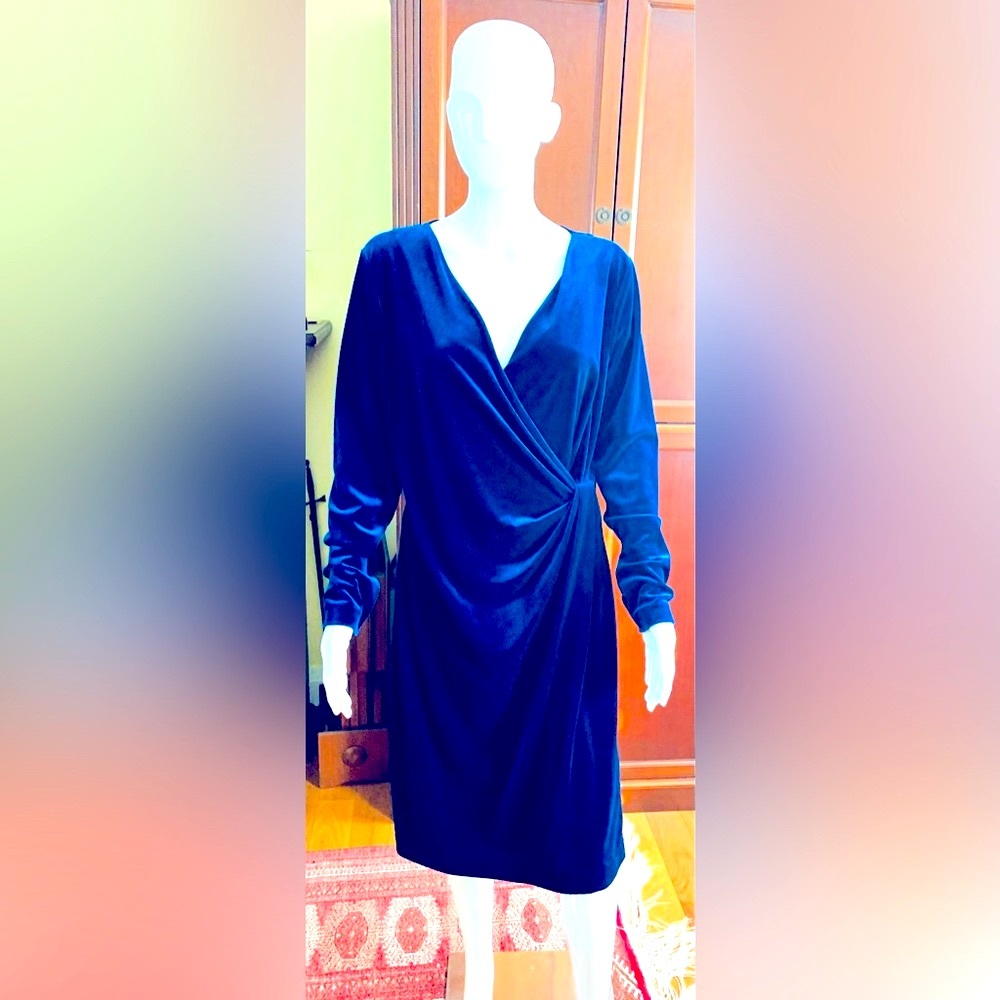 Royal blue silky velvet Dress at knee deep V neck nice drapes long sleeves US L